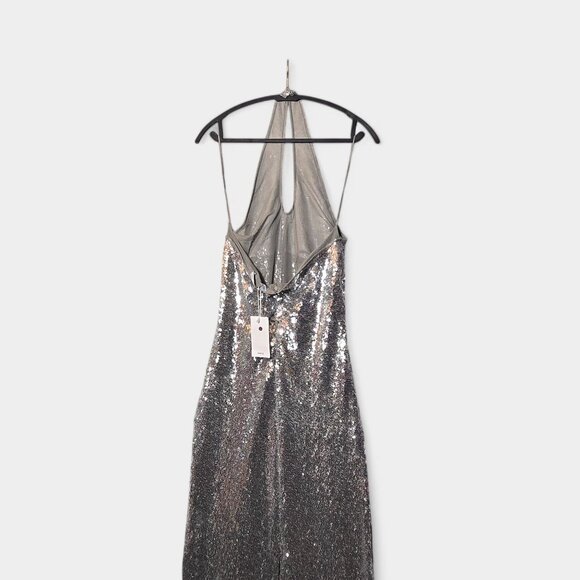 Mango Halterneck Sequin Midi Dress Silver Keyhole Cocktail Event Prom NWT - Picture 7 of 16